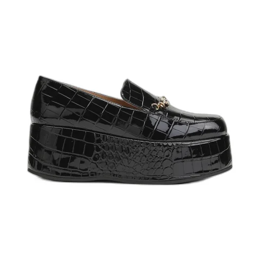 Black Patent Croco Butterfly Chain Platform Loafers