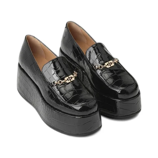 Black Patent Croco Butterfly Chain Platform Loafers
