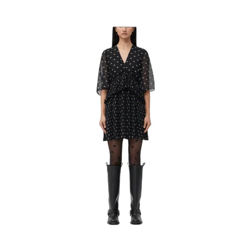 Butterfly-Printed V-Neck Pleated Mini Dress