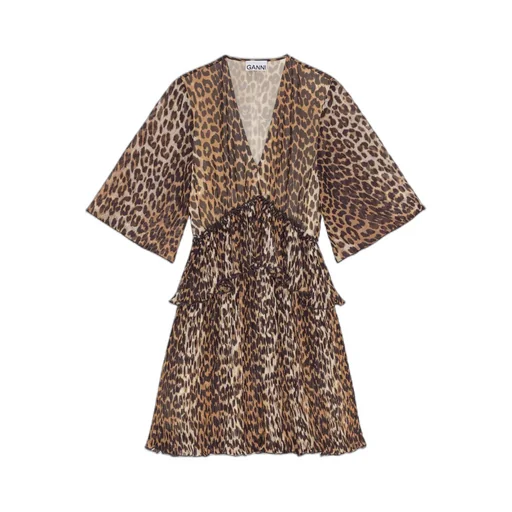 Leopard Printed Pleated V-Neck Mini Dress