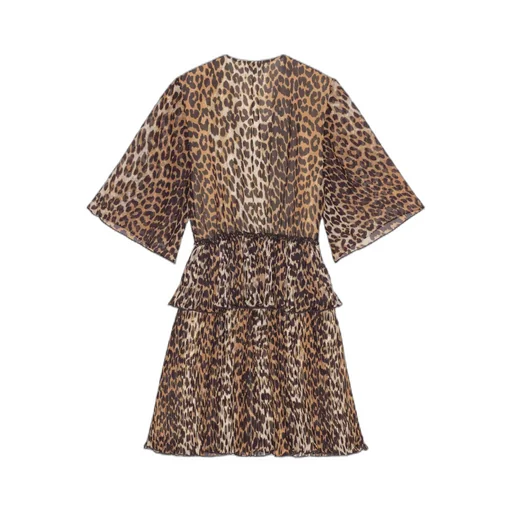 Leopard Printed Pleated V-Neck Mini Dress