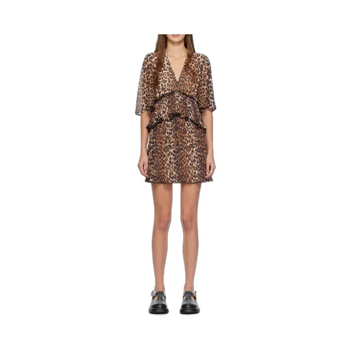 Leopard Printed Pleated V-Neck Mini Dress