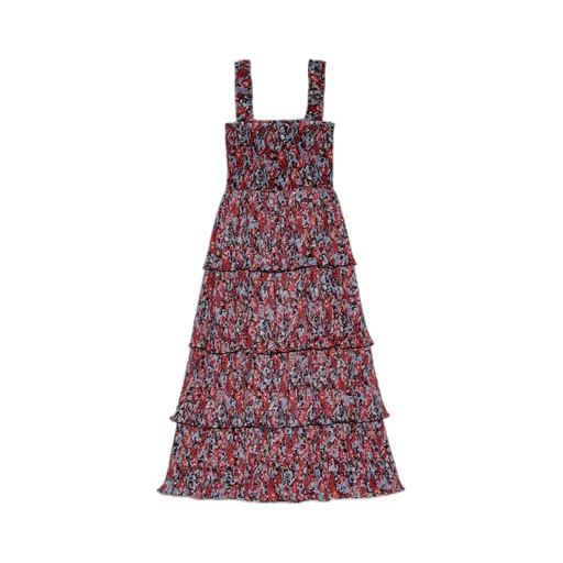 Pleated Georgette Flounce Smock Midi Dress