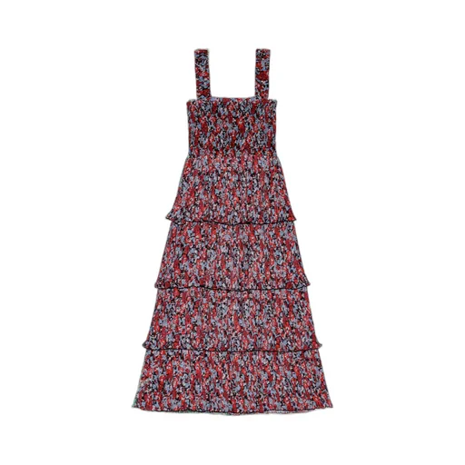 Pleated Georgette Flounce Smock Midi Dress
