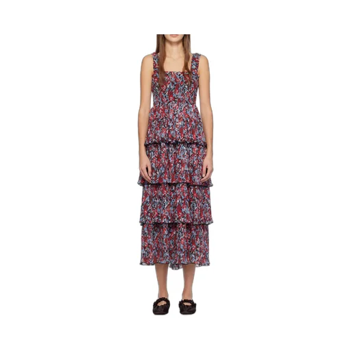 Pleated Georgette Flounce Smock Midi Dress