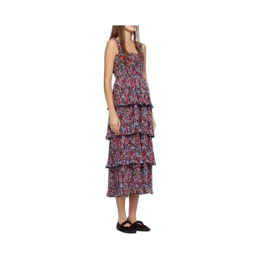 Pleated Georgette Flounce Smock Midi Dress