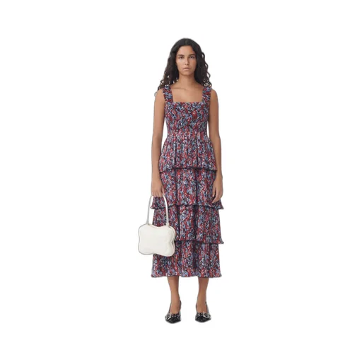 Pleated Georgette Flounce Smock Midi Dress