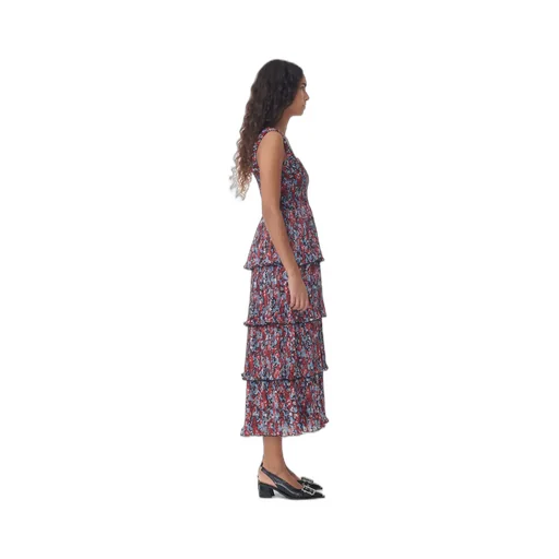 Pleated Georgette Flounce Smock Midi Dress