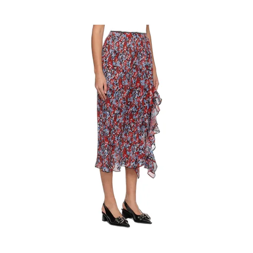 Red Pleated Georgette Midi Flounce Skirt