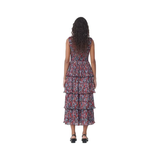 Pleated Georgette Flounce Smock Midi Dress