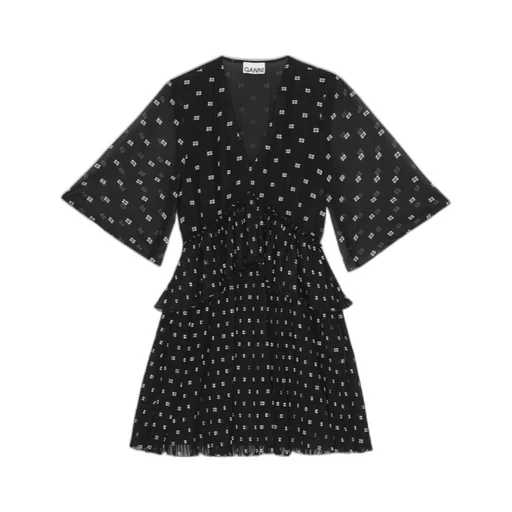 Butterfly-Printed V-Neck Pleated Mini Dress