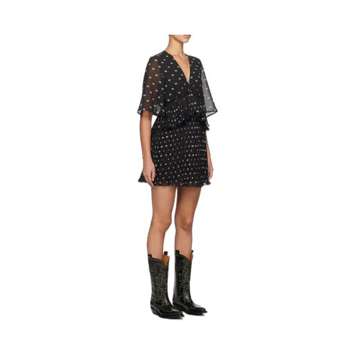 Butterfly-Printed V-Neck Pleated Mini Dress