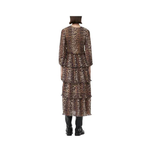 Leopard Printed Pleated U-Neck Midi Dress