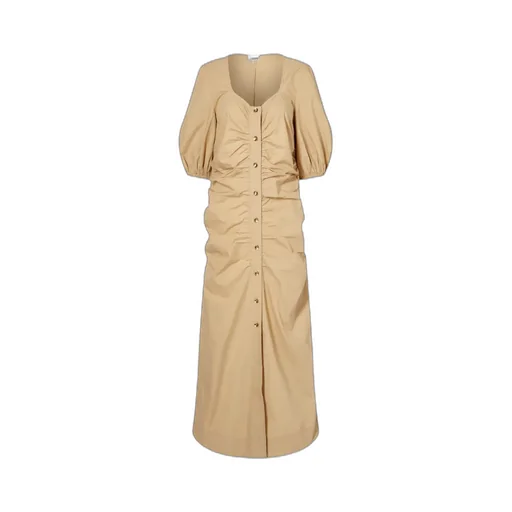 Cotton Poplin Gathered Open-Neck Maxi Dress