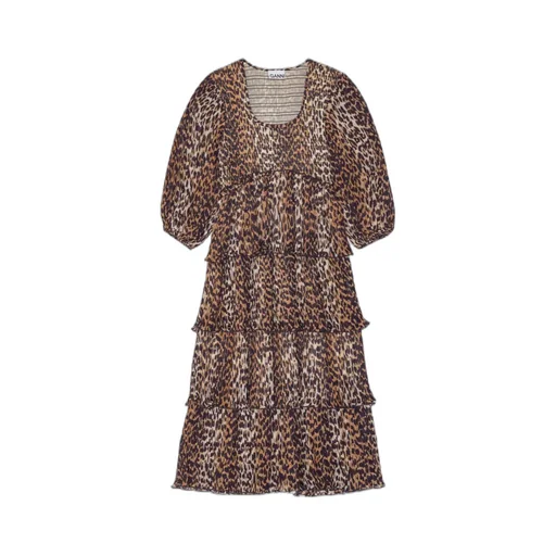 Leopard Printed Pleated U-Neck Midi Dress