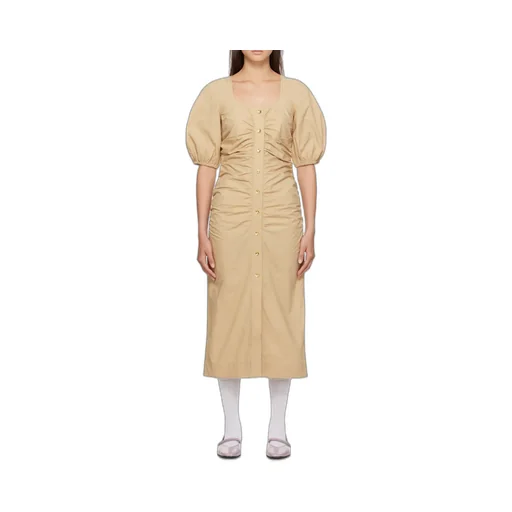 Cotton Poplin Gathered Open-Neck Maxi Dress