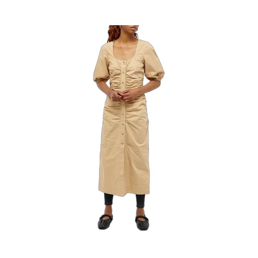 Cotton Poplin Gathered Open-Neck Maxi Dress