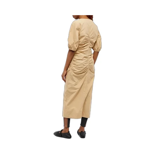 Cotton Poplin Gathered Open-Neck Maxi Dress