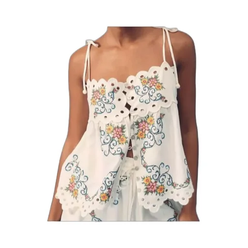 Floral-Embroidered Scalloped Top