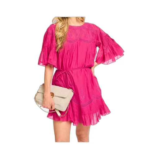 Pleated Short-Sleeve Mini Dress