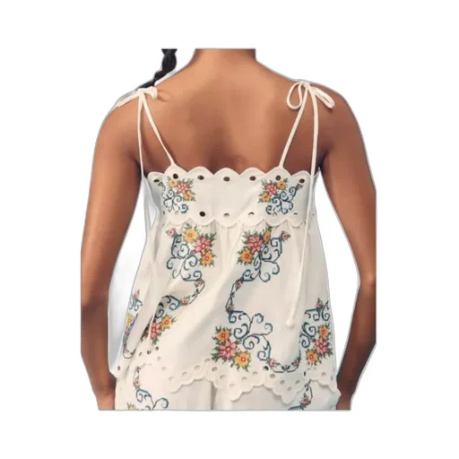 Floral-Embroidered Scalloped Top