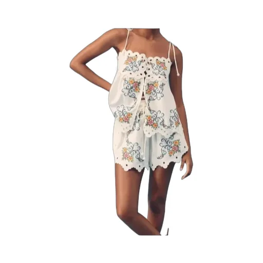 Floral-Embroidered Scalloped Top