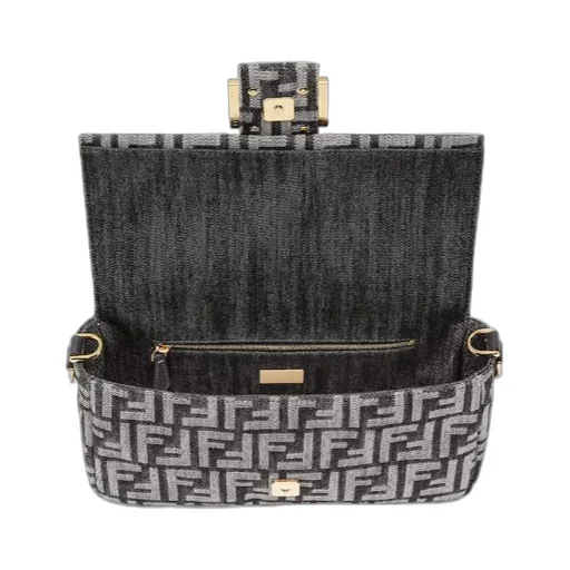 Baguette Dark Blue Denim-Effect Ff Jacquard Bag