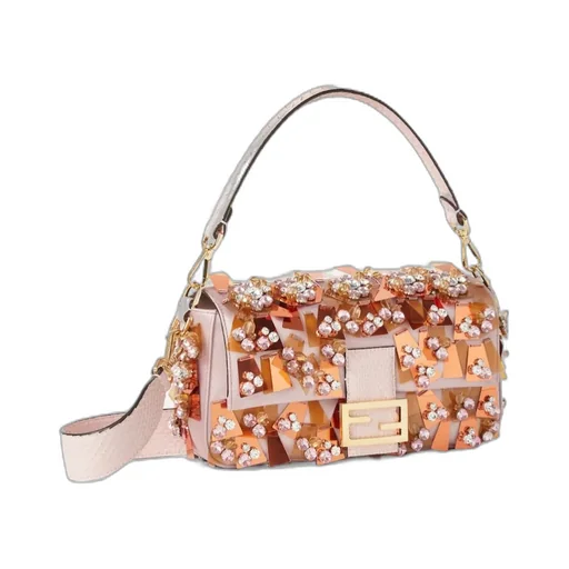 Baguette Pink Satin Bag With AppliquÉS