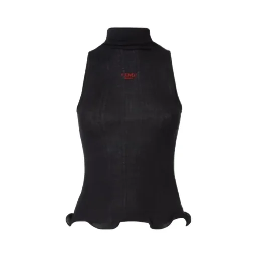 Logo Embroidered High-Neck Sleeveless Ribbed Top
