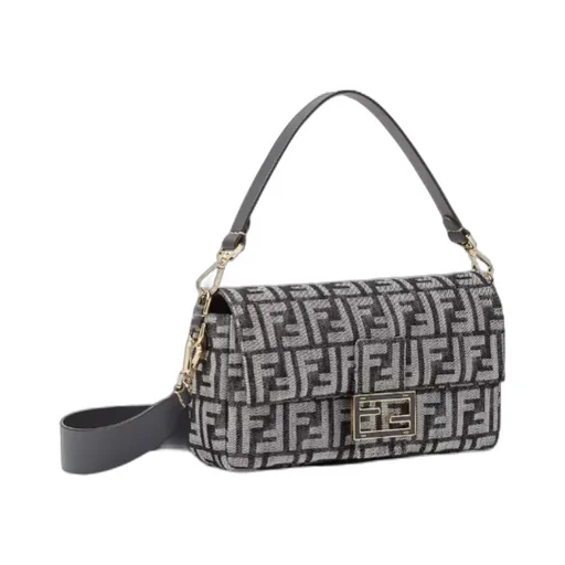 Baguette Dark Blue Denim-Effect Ff Jacquard Bag