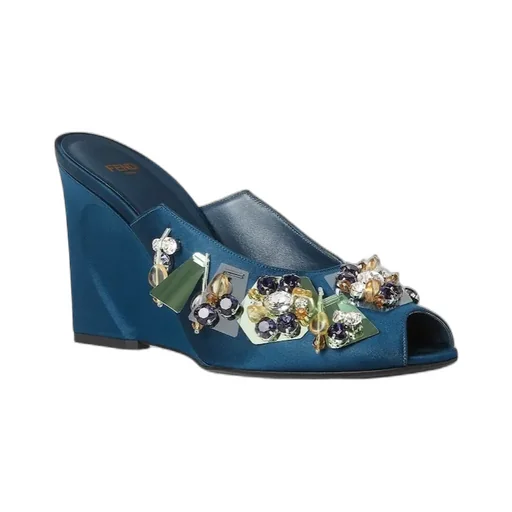 Blue Fabric Sandals With Embroidery