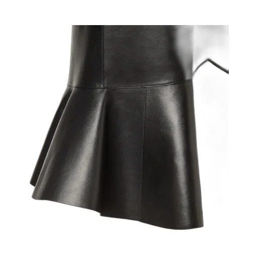 High Waist Peplum-Hem Leather Midi Skirt