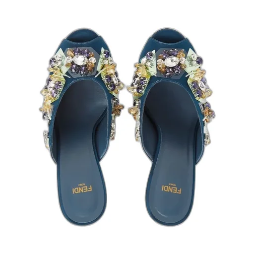 Blue Fabric Sandals With Embroidery