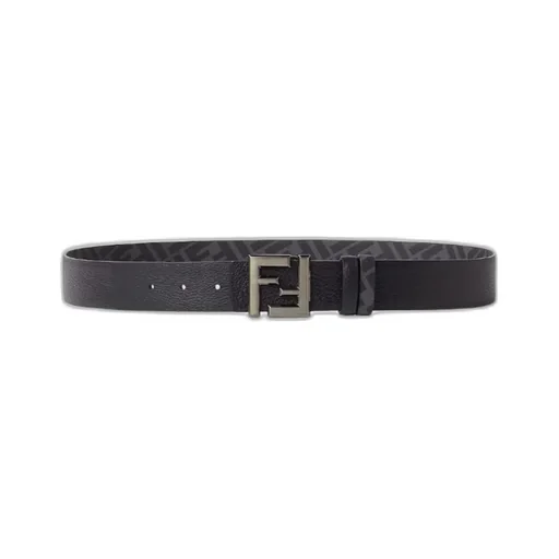 Black Leather And Ff Canvas Reversible Belt