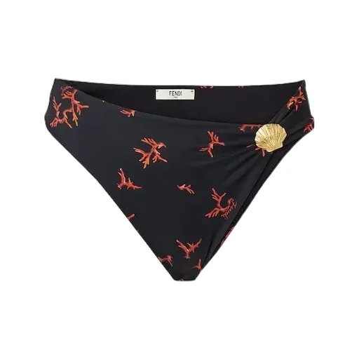 Black Lycra® Bikini Bottom With Coral Print