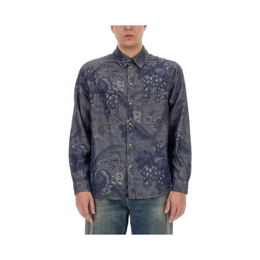 Pattern-Jacquard Button-Up Denim Shirt