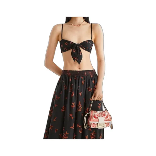 Black Lycra® Bikini Top With Coral Print