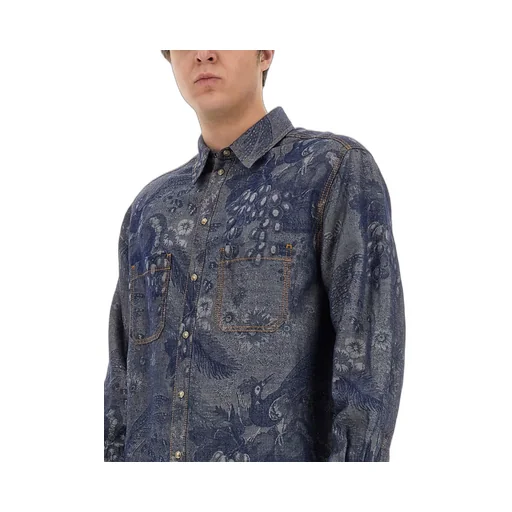 Pattern-Jacquard Button-Up Denim Shirt