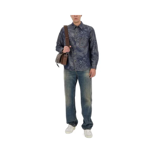 Pattern-Jacquard Button-Up Denim Shirt
