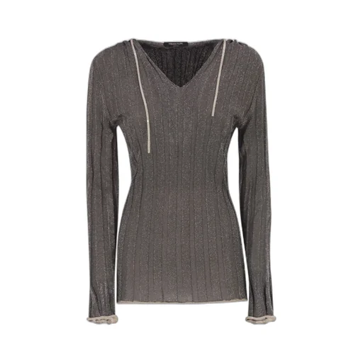 V-Neck Lurex Hooded Drawstring Jumper