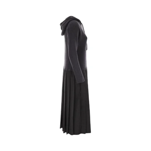 Hooded Ribbed Pleated Dress