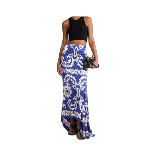 Stencil Floral Printed Asymmetric Skirt