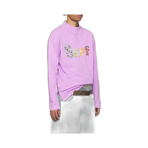 Motif Embroidered Mock Neck T-Shirt