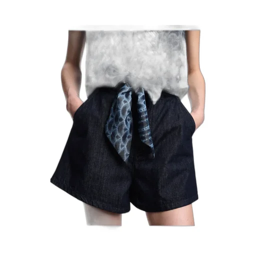 Printed-Tie Denim Shorts