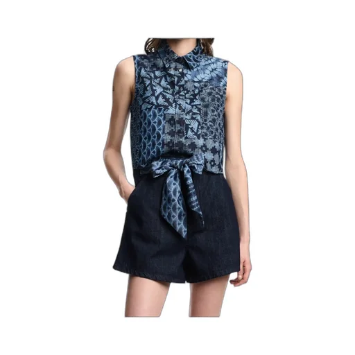 Printed-Tie Denim Shorts