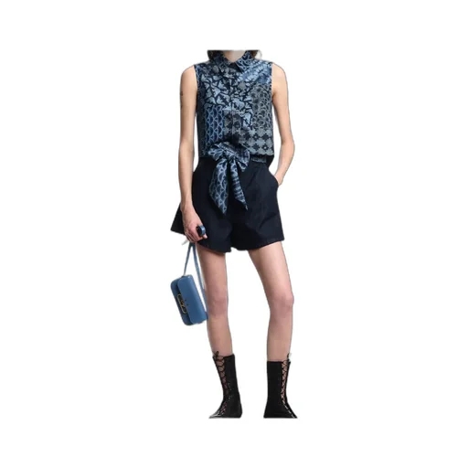Printed-Tie Denim Shorts