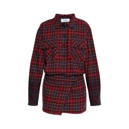 Checked Button-Up Long-Sleeved Dress