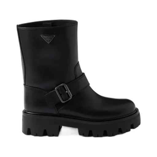 Logo Plaque Buckled Biker Boots