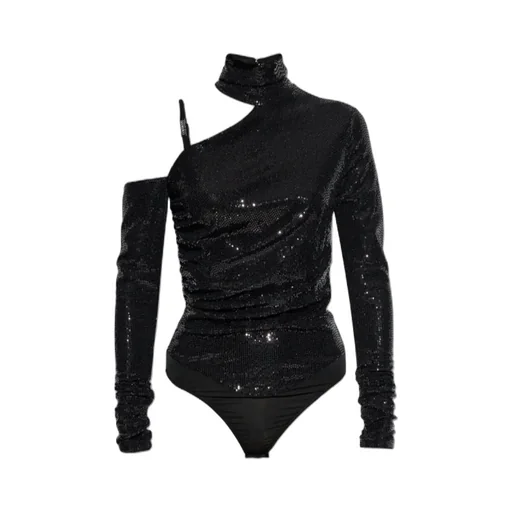 Sequin-Embellished One-Shoulder Turtleneck Bodysuit