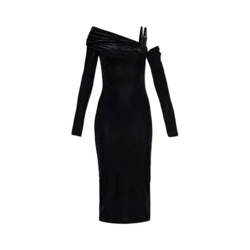 Off-Shoulder Buckle-Detail Velvet Dress